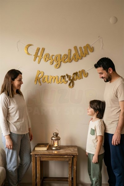 Hoşgeldin Ramazan Yazılı Kaligrafi Banner Gold Renkli 200x30 Cm Ramazan Bayramı Altın Renginde Süs