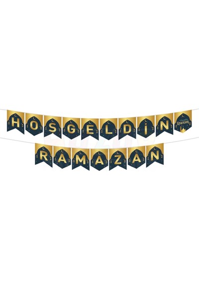 Hoşgeldin Ramazan Yazılı Zikzak Banner Siyah Gold Renkli 250x17 Cm Altın Renginde Dini Bayram Süs Gb