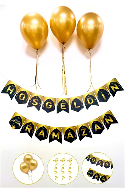 Hoşgeldin Ramazan Yazısı + 3 Gold Metalik Balon + Metalik Balon İpi Süsleme Seti İslami Bayramı Süsü