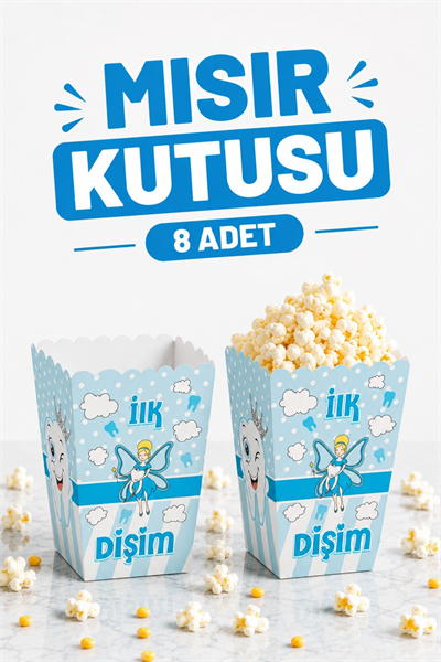 Ilk Dişim Yazılı Mavi Mısır Kutusu 8 Adet Inci Dişli Temalı Diş Buğdayı Erkek Konsepti Diş Partisi