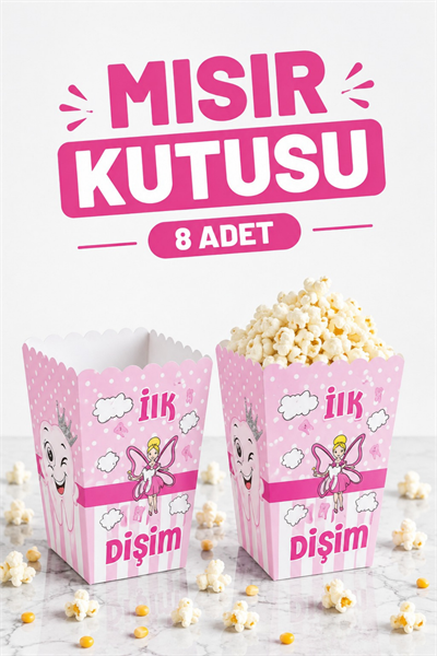 Ilk Dişim Yazılı Pembe Mısır Kutusu 8 Adet Inci Dişli Temalı Diş Buğdayı Kız Konsepti Diş Partisi