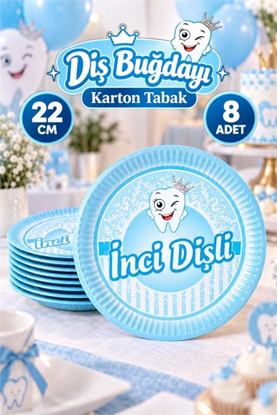 Inci Dişli Yazılı 8 Adet Mavi Tabak Ilk Dişim Çıktı Temalı Diş Buğdayı Partisi Erkek Konsepti 23 Cm