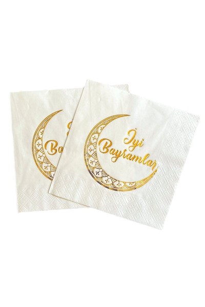 Iyi Bayramlar Yazılı Gold Yaldızlı Peçete 16 Adet 16x16 Cm Altın Varaklı Ramazan Kurban Dini Süsü