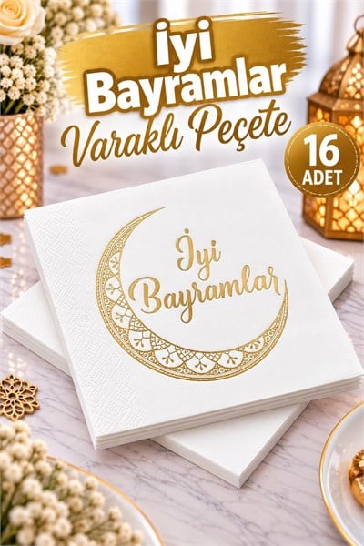 Iyi Bayramlar Yazılı Gold Yaldızlı Peçete 16 Adet 16x16 Cm Altın Varaklı Ramazan Kurban Dini Süsü