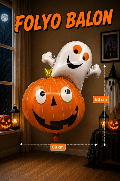 Kabak Hayalet Cadılar Bayramı Folyo Balonu Halloween Partisi Turuncu Beyaz Renkli 80x60 Cm Süs