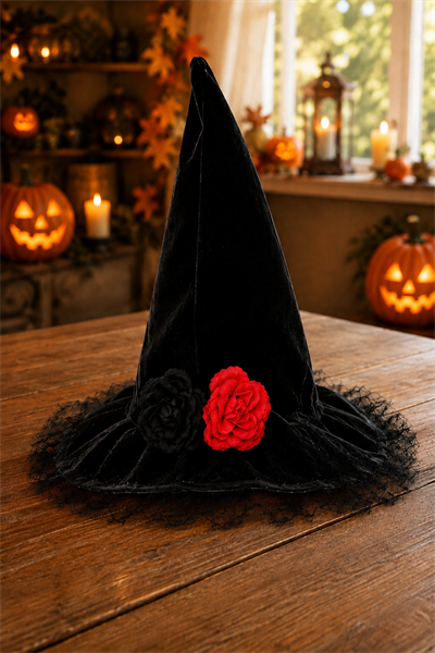 Kadife Kumaş Cadı Şapkası Çiçekli Siyah Halloween Cadılar Bayramı Yetişkin Parti Kostüm Aksesuarı