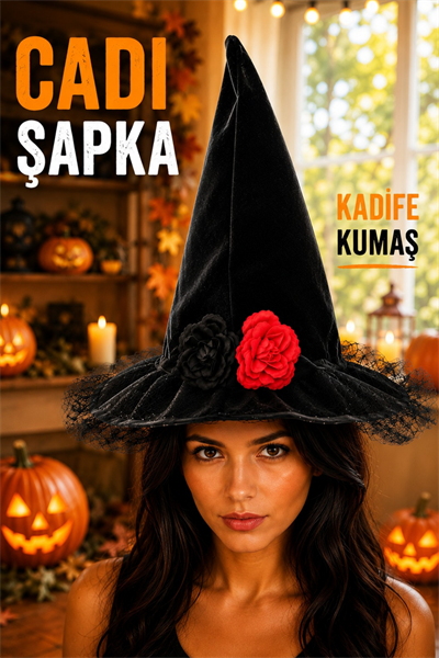 Kadife Kumaş Cadı Şapkası Çiçekli Siyah Halloween Cadılar Bayramı Yetişkin Parti Kostüm Aksesuarı