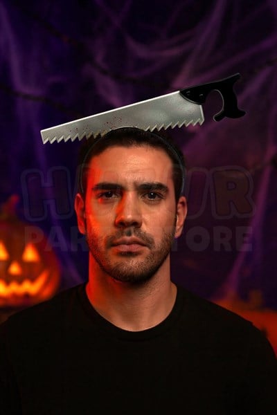 Kafaya Geçen Testere Taç Halloween Partisi Cadılar Bayramı Tacı Sıçramış Kan ve Akan Kan Detaylı