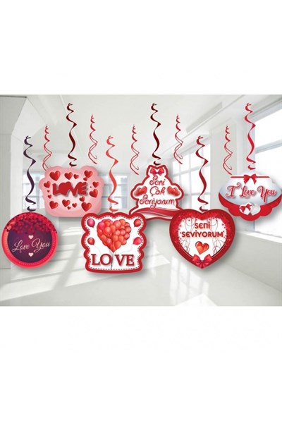 Kalp Temalı Seni Seviyorum I Love You Yazılı 6lı 70 Cm Çift Taraflı Kalpli Sarkıt Tavan Süsü