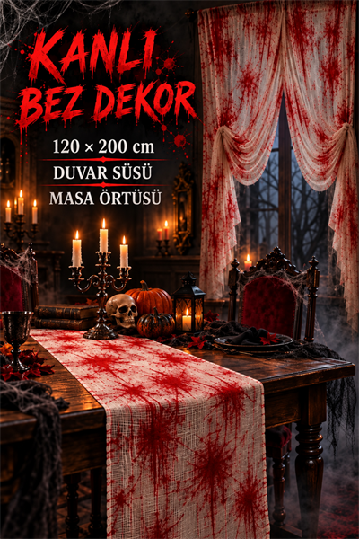 Kanlı Bez Dekor 120x200 cm Halloween Masa Örtüsü Duvar Süsü Cadılar Bayramı Korku Parti Aksesuarı