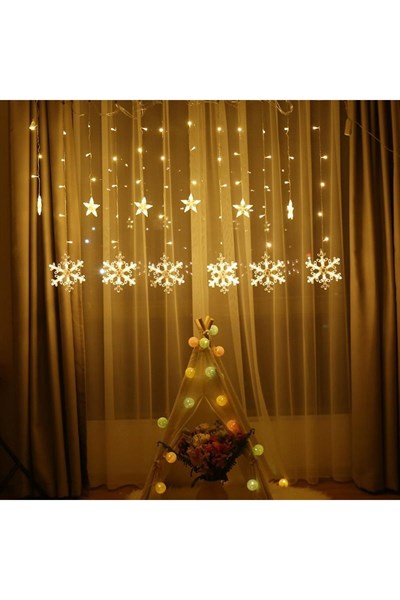 Kar Tanesi Yıldız Günışığı Ramazan Bayramı Perde Led Süsü 3 Metre Sarı Işıklı Fişli 8 Fonksiyonlu