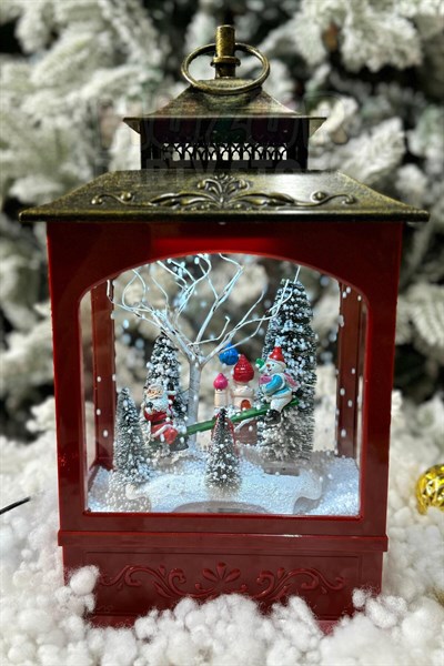 Kar Yağan Hareketli Işıklı Müzikli Fener 40x22 Cm Noel Babalı Kış Temalı Yılbaşı Yeni Yıl Dekor Süsü