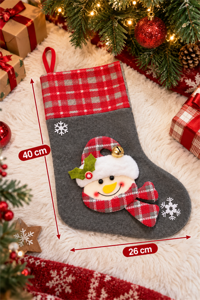 Kardan Adam Yılbaşı Peluş Çorap Kabartmalı 40x26 Cm Kırmızı Ekoseli Yeni Yıl Çam Ağacı Asılan Süs