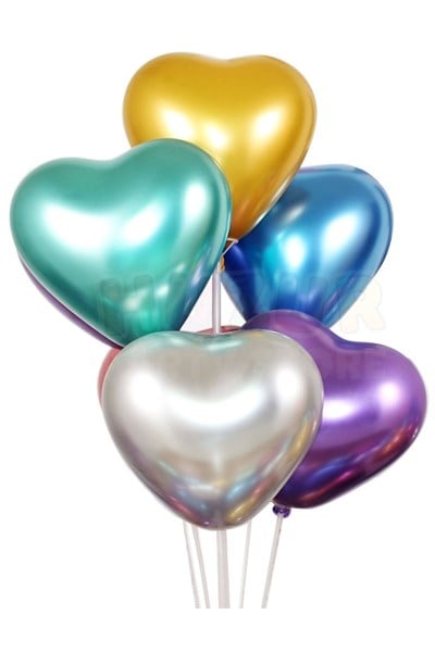 Karışık Renkli Kalp Krom Balon 10 Adet 30 Cm Inanılmaz Parlak Kalpli Renk Renk Romantik Aşk Partisi