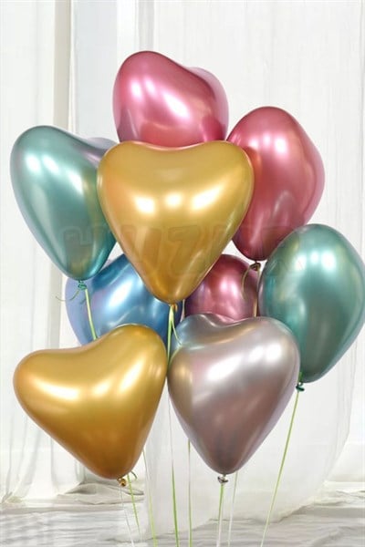 Karışık Renkli Kalp Krom Balon 10 Adet 30 Cm Inanılmaz Parlak Kalpli Renk Renk Romantik Aşk Partisi