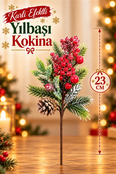 Karlı Efektli Yılbaşı Kokina 23 cm Kozalaklı Yeni Yıl Çiçeği Dekoratif Çam Dalı Ev Masa Vazo Süsü