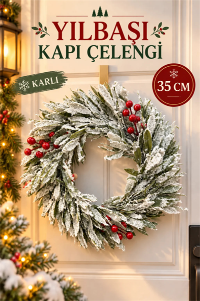 Karlı Yılbaşı Kapı Çelengi 35 cm Kırmızı Meyveli Yeni Yıl Kapı Süsü Dekoratif Çam Dalı Duvar Süsü