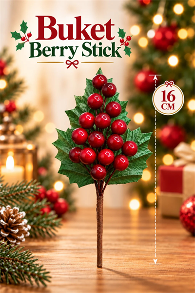 Kırmızı Berry Stick Yılbaşı Buketi 16 cm Yeni Yıl Çiçeği Yapraklı Dekoratif Dal Vazo Çam Ağacı Süsü