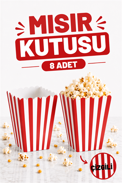 Kırmızı Çizgili Beyaz Mısır Kutusu 8li Karton Cips Kutusu 8 Adet Pop Corn Darı Kabı