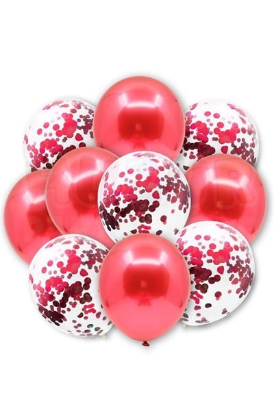 Kırmızı Konfetili Şeffaf Ve Kırmızı Krom Balon Seti 20 Adet 30 Cm Içi Gözüken Pullu Balon Pulu