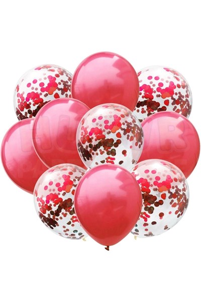 Kırmızı Konfetili Şeffaf Ve Kırmızı Metalik Balon Seti 20 Adet 30 Cm Içi Gözüken Pullu Balon Pulu