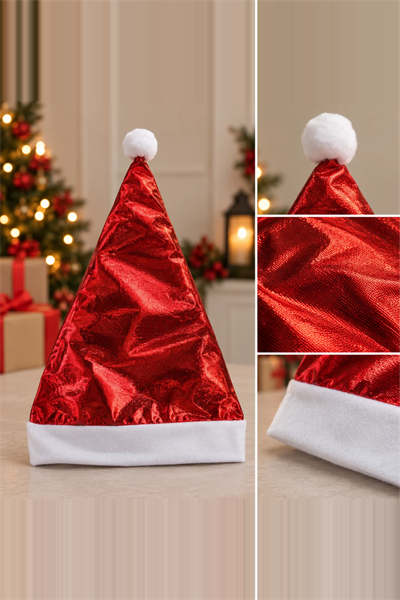 Kırmızı Lame Kumaş Yılbaşı Şapkası Yeni Yıl Noel Baba Şapkası Kadın Erkek Parti Kostüm Aksesuarı