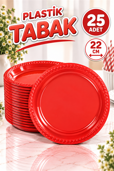 Kırmızı Renginde 22cm 25li Parlak Tabak Renkli Dayanıklı Plastik Doğum Günü Parti Tabağı