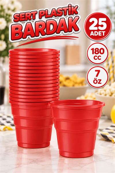 Kırmızı Renk 25 Li Plastik Bardak 180 Cc 7 Oz Sert Doğum Günü Partisi Meşrubat Bardağı