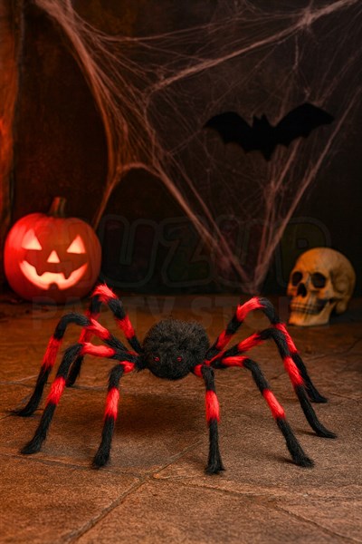 Kırmızı Siyah Renk Kırmızı Gözlü Örümcek Halloween Partisi Cadılar Bayramı 70 Cm Tüylü Gerçekçi