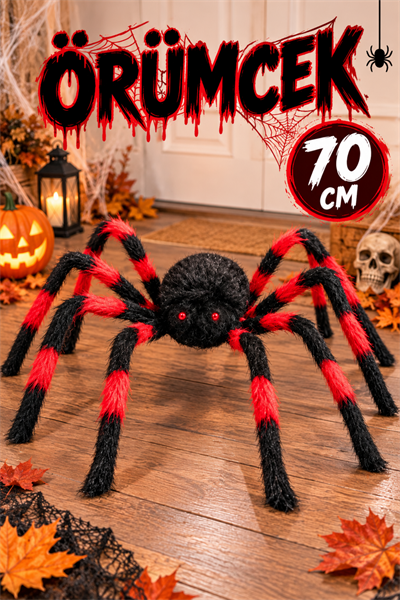 Kırmızı Siyah Renk Kırmızı Gözlü Örümcek Halloween Partisi Cadılar Bayramı 70 Cm Tüylü Gerçekçi