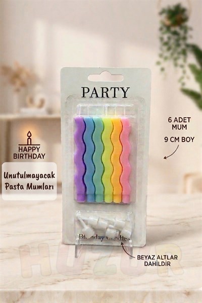 Kıvrımlı Makaron Renkli Mum 6 Adet 9 Cm Doğum Günü Pasta Mumu Dalgalı Pastel Soft Renk Parti Süsü