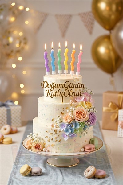 Kıvrımlı Makaron Renkli Mum 6 Adet 9 Cm Doğum Günü Pasta Mumu Dalgalı Pastel Soft Renk Parti Süsü