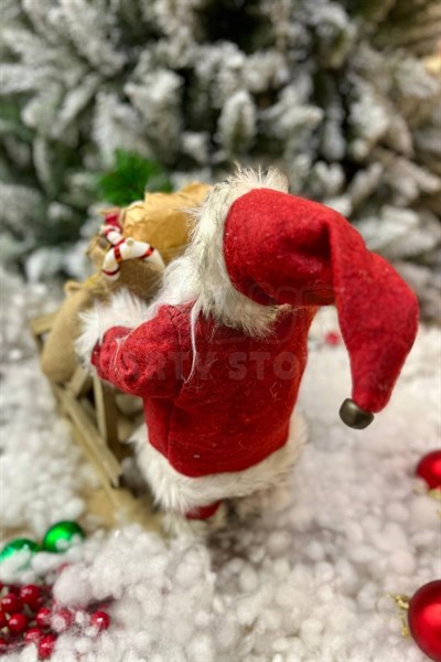Kızaklı Noel Baba 34x34 Cm Kırmızı Kürklü Kızağı Hediye Dolu Torbalı Yeni Yıl Yılbaşı Konsept Dekoru