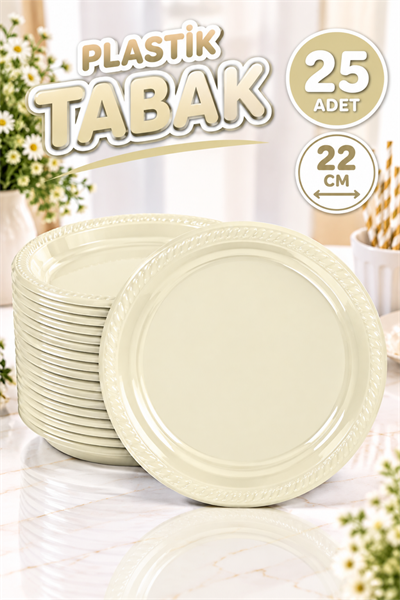 Krem Renginde 22cm 25li Parlak Tabak Renkli Dayanıklı Plastik Doğum Günü Parti Tabağı
