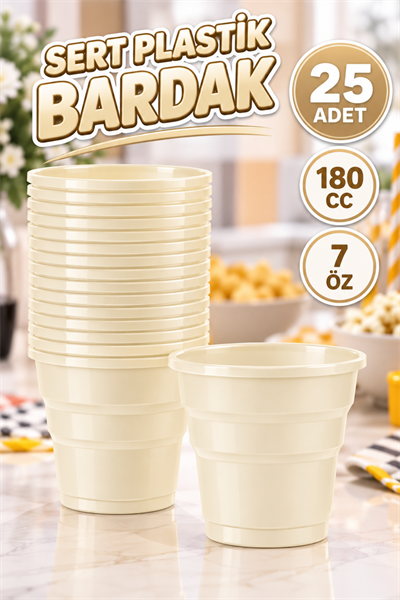 Krem Renk 25 Li Plastik Bardak 180 Cc 7 Oz Sert Doğum Günü Partisi Meşrubat Bardağı
