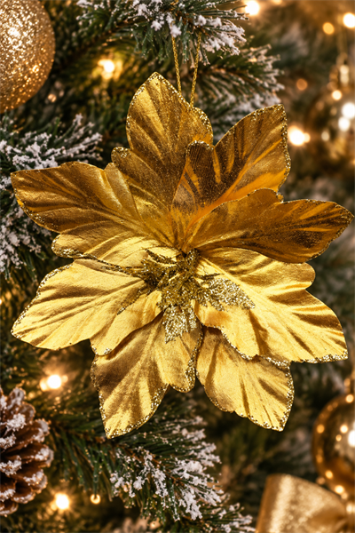 Krom Efektli Gold Ata Çiçeği 22 Cm Parlak Görünümlü Simli Yılbaşı Çam Ağacı Yeni Yıl Yapay Çiçek