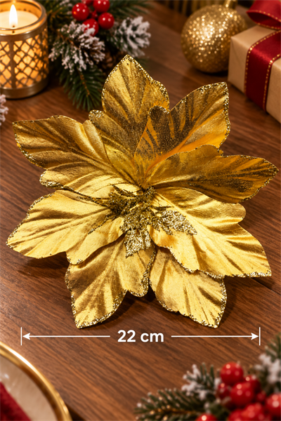 Krom Efektli Gold Ata Çiçeği 22 Cm Parlak Görünümlü Simli Yılbaşı Çam Ağacı Yeni Yıl Yapay Çiçek