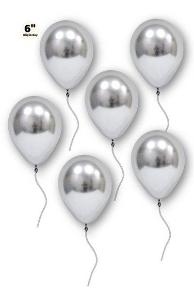 Küçük Mini Boy Gümüş Renkli Krom Balon 10 Adet 6 Inç 15 Cm Gri Silver Çok Parlak Doğum Günü Balonu