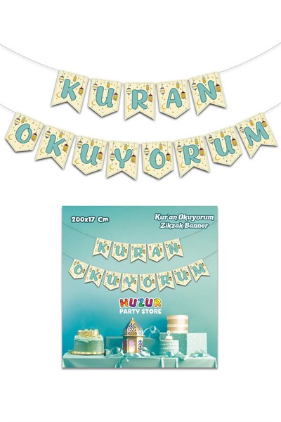 Kuran Okuyorum Yazısı Kurana Geçtim Partisi Süslemesi Dini İslami Banner 200x17 Cm Krem Turkuaz Renk