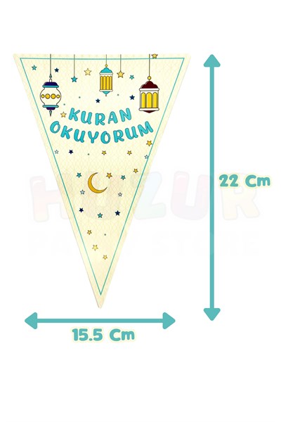 Kuran Okuyurum Yazılı Flama Süs 170 Cm Dini İslami Süsü Kurana Geçtim Partisi Süslemesi Üçgen Bayrak