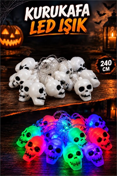 Kurukafa Led Işık Karışık Renkli 12 Kurukafalı 240 Cm Pilli Halloween Cadılar Bayramı Dekor Süsü