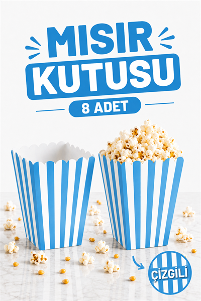Mavi Çizgili Beyaz Mısır Kutusu 8li Karton Cips Kutusu 8 Adet Pop Corn Darı Kabı