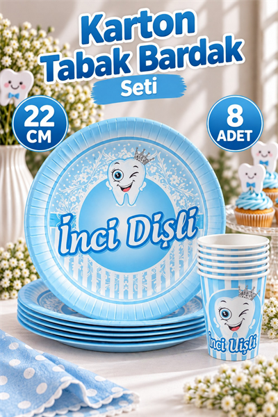 Mavi Diş Tabak Bardak 8 Adet İnci Dişli Yazılı İlk Dişim Çıktı Buğdayı Partisi Erkek Konsepti 22 Cm