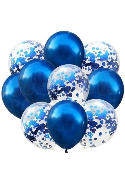 Mavi Konfetili Şeffaf Ve Lacivert Metalik Balon Seti 20 Adet 30 Cm Içi Gözüken Pullu Balon Pulu