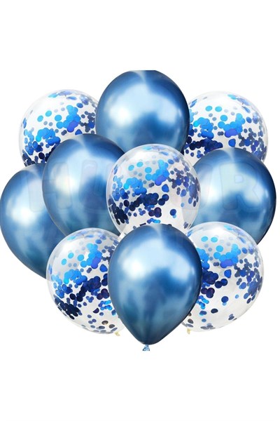 Mavi Konfetili Şeffaf ve Mavi Krom Balon Seti 20 Adet 30 cm İçi Gözüken Pullu Balon Pulu Parti