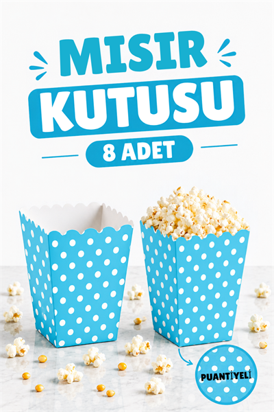 Mavi Puantiyeli Mısır Kutusu 8li Karton Cips Kutusu 8 Adet Pop Corn Darı Kabı
