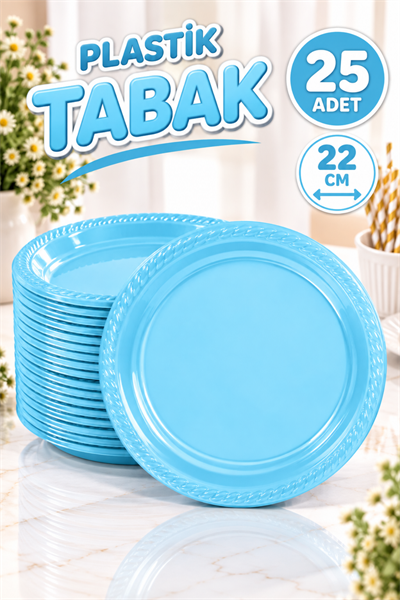 Mavi Renginde 22cm 25li Parlak Tabak Renkli Dayanıklı Plastik Doğum Günü Parti Tabağı