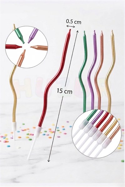 Metalik Karışık Renk Kıvrımlı Pasta Mumu 6 Adet 15 cm Doğum Günü Mum Seti Dekoratif Parti Süsü