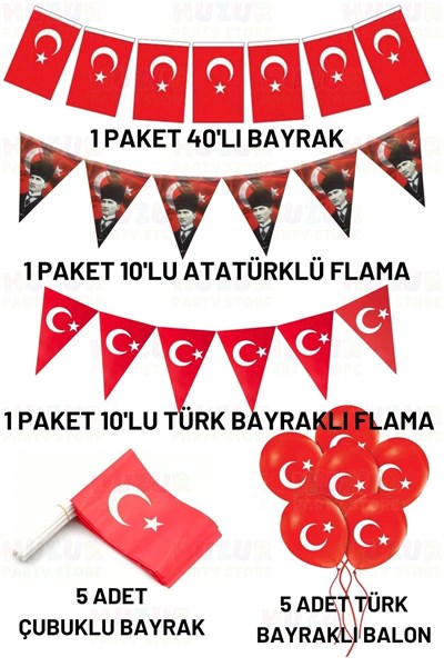 Milli Bayram Süsleme Paketi Atatürk Flama Türk Bayraklı Balon Çubuklu Bayrak 23 Nisan 29 Ekim Süsü