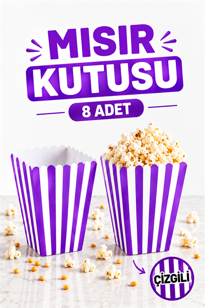 Mor Çizgili Beyaz Mısır Kutusu 8li Karton Cips Kutusu 8 Adet Pop Corn Darı Kabı